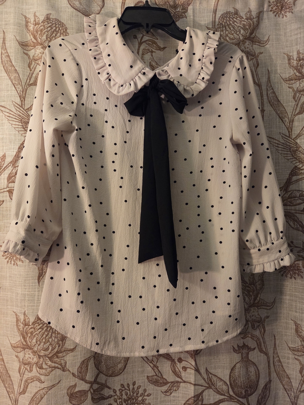Women’s White Polka Dot Ruffled Collar Top with Black Tie
